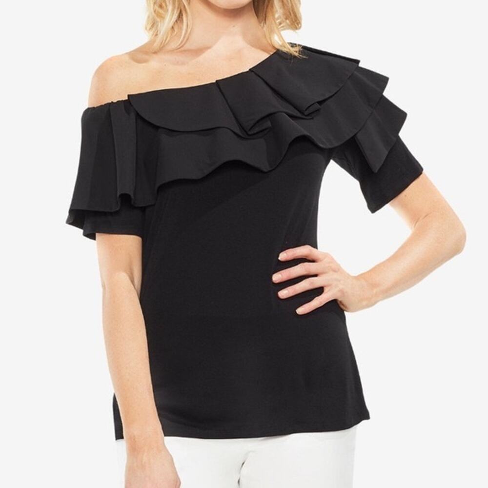 Vince Camuto Off The Shoulder Tier Ruffle Short Sleeve Women’s Black Blouse XS